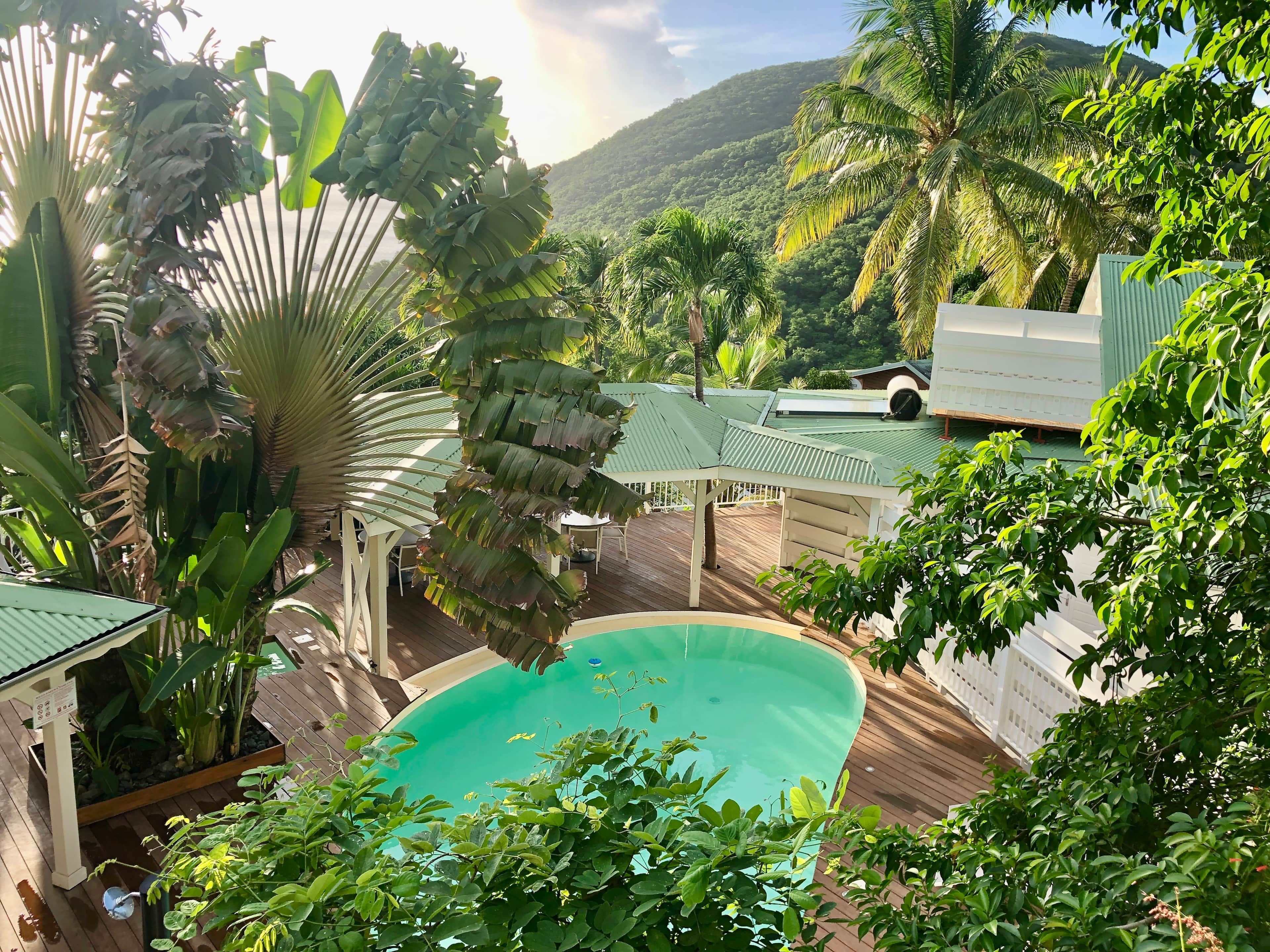 A pool surrounded by lush greenery and a mountain backdrop.