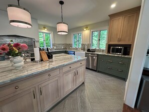 A modern kitchen with a large island, built-in appliances, and a view of the outdoors.