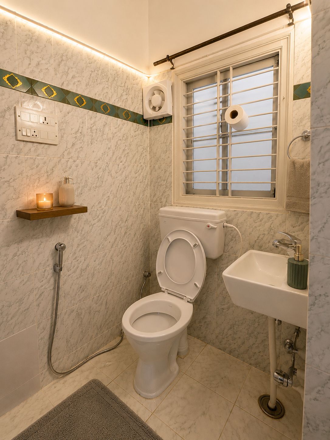 Een badkamer met toilet, douche, wastafel en een raam met zonwering.