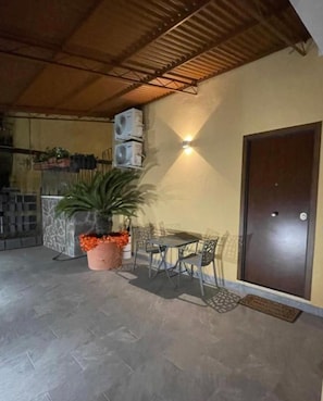 Un espace extérieur aménagé en terrasse, avec une table et des chaises, un pot de fleurs et une porte.