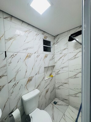 A bathroom with a toilet, a shower area, and a small window.