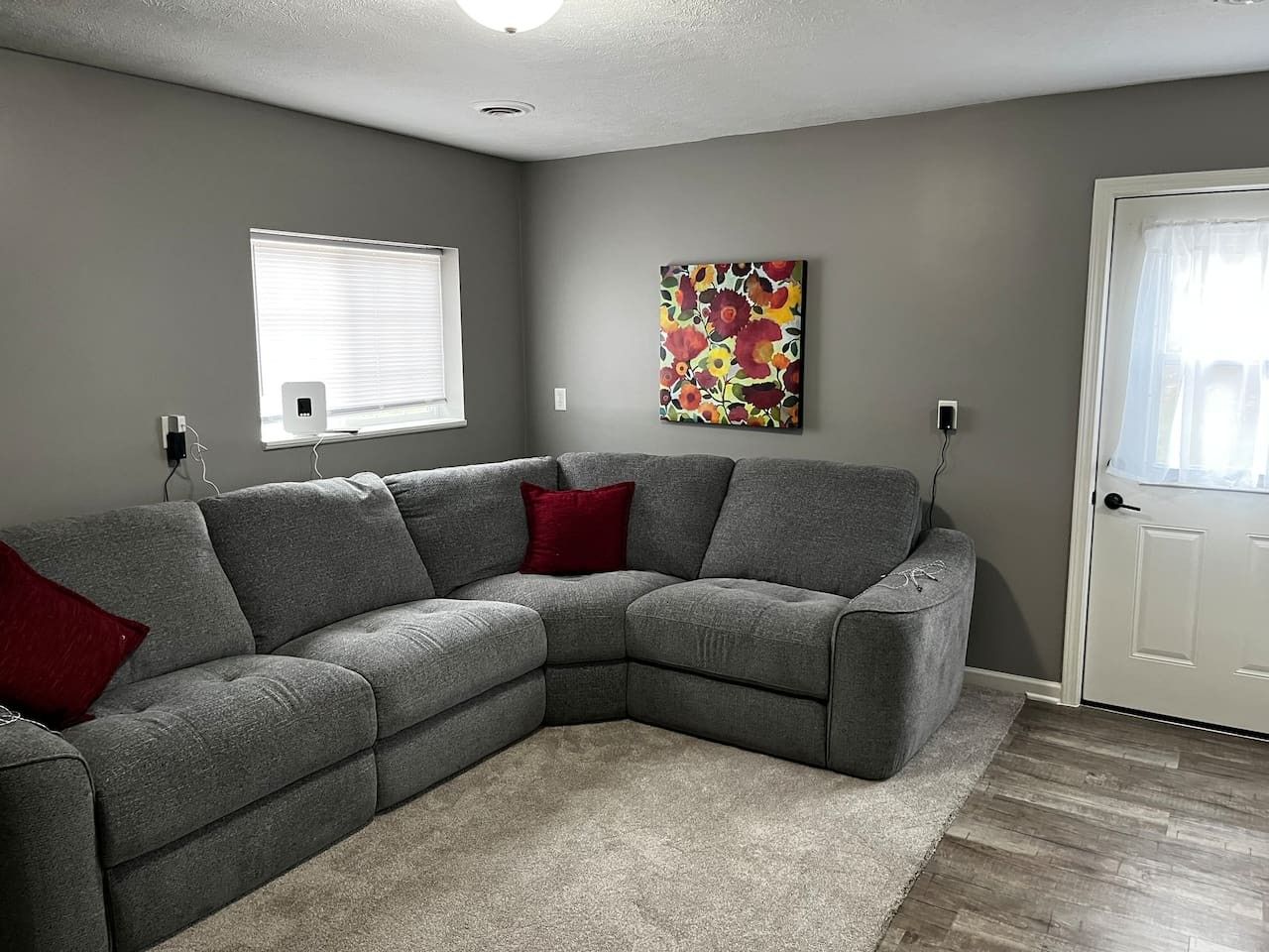 Ein graues Ecksofa mit roten Kissen, ein beiger Teppich, ein Blumenbild an der Wand und eine weiße Tür mit Fenster.
