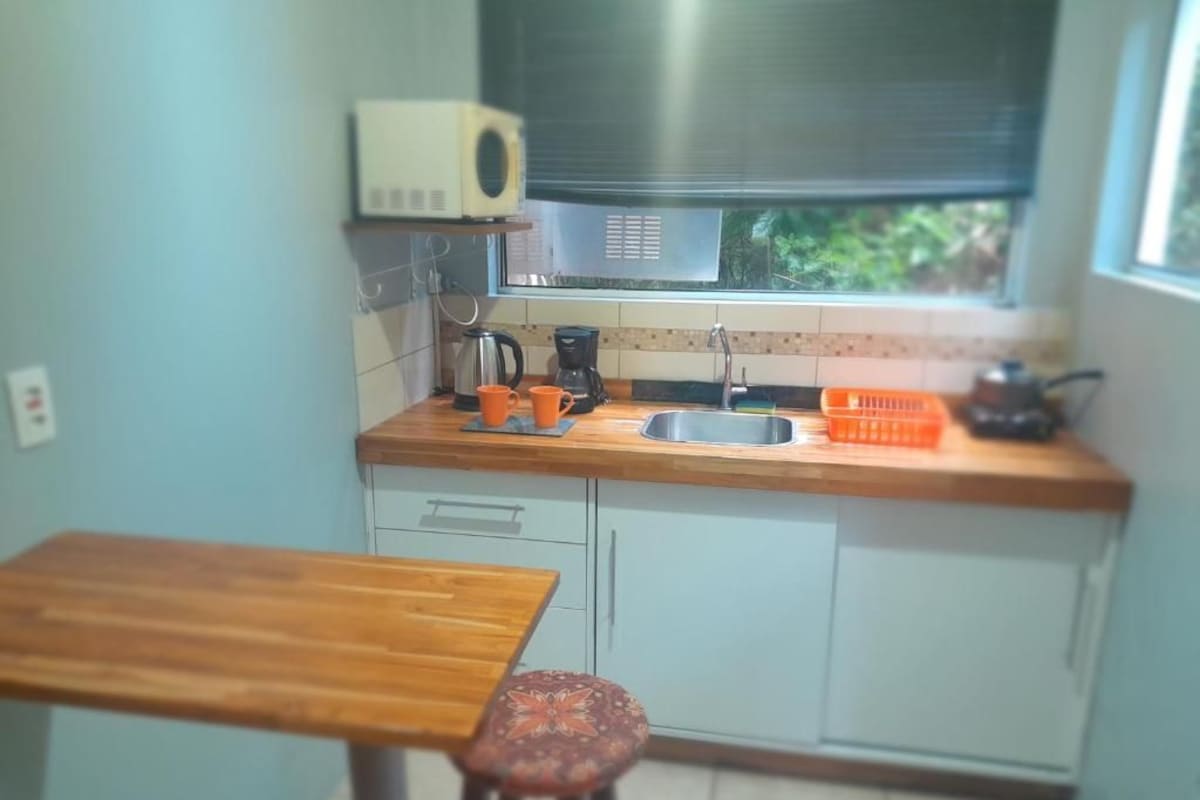 Cocina compacta con cubierta de madera, pileta de acero inoxidable y ventana con vista a zonas verdes.