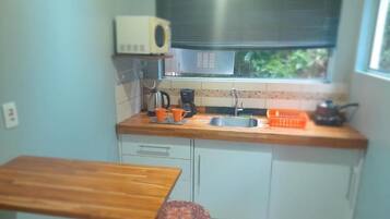 Cocina compacta con cubierta de madera, pileta de acero inoxidable y ventana con vista a zonas verdes.