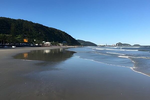 A beach with a calm sea, a sandy shore, and a forested hillside in the background.