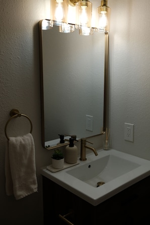 A bathroom with a white sink, a mirror with lights, a towel ring, and a small plant. - Modern SD Home / Sleeps 6 / Fast WiFi / Beach within 10 miles / Games + BBQ (San Diego)