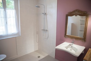 Un baño con ducha, lavabo y espejo.