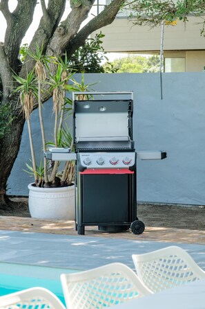 Ein tragbarer Grill mit Bedienfeld und einem Blumentopf daneben.