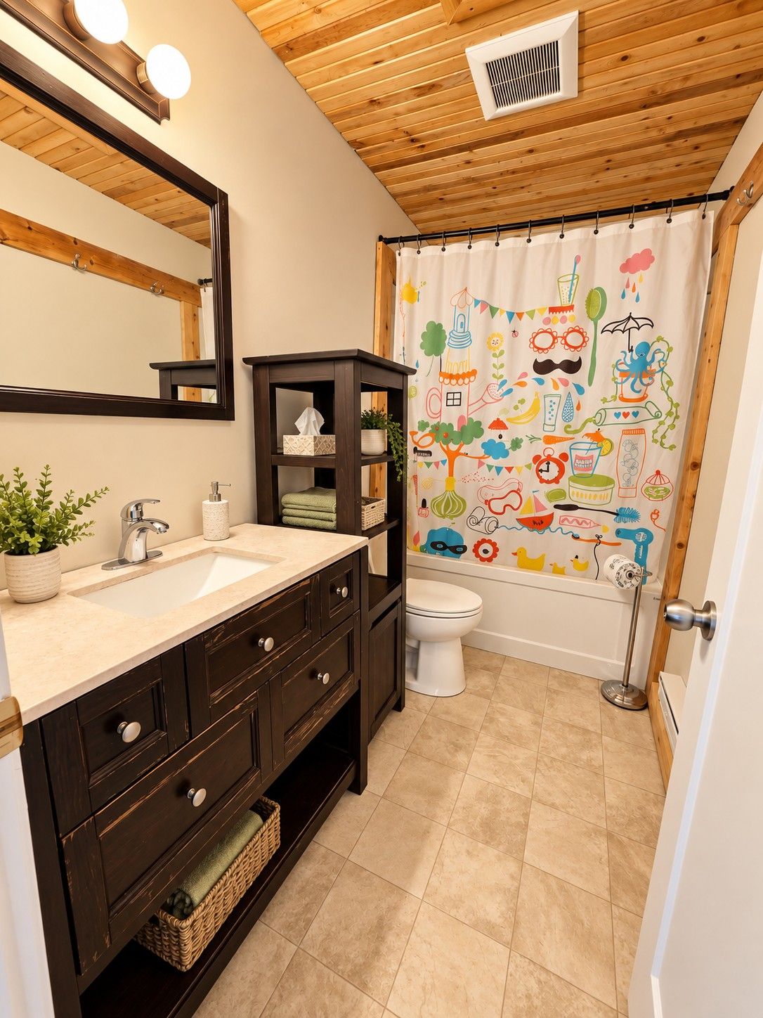 A bathroom with a wooden ceiling, a large mirror, a dark wooden vanity, a white toilet, and a colorful shower curtain.