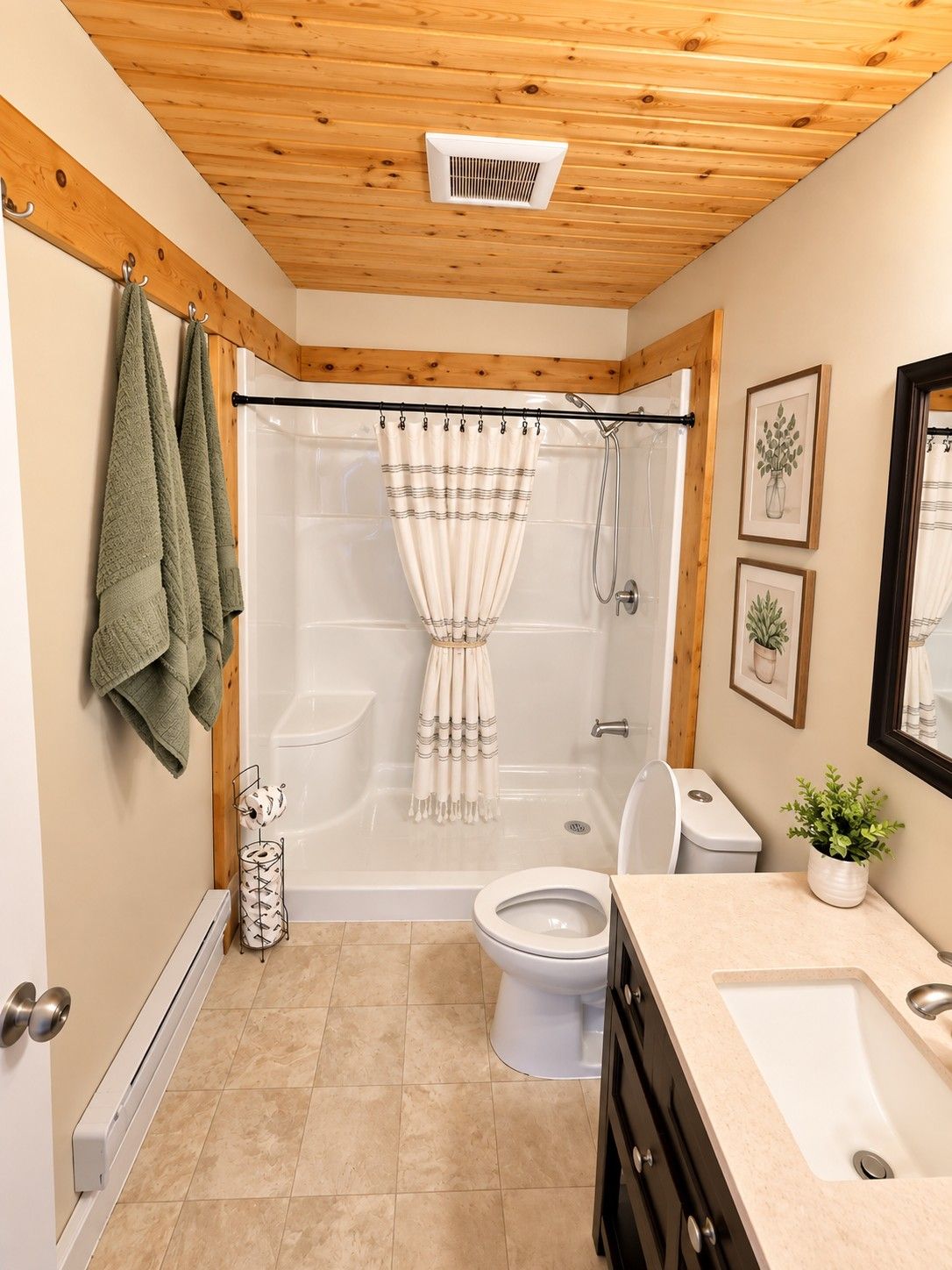 A bathroom with a shower, toilet, and sink, featuring wooden ceiling beams and a tiled floor.