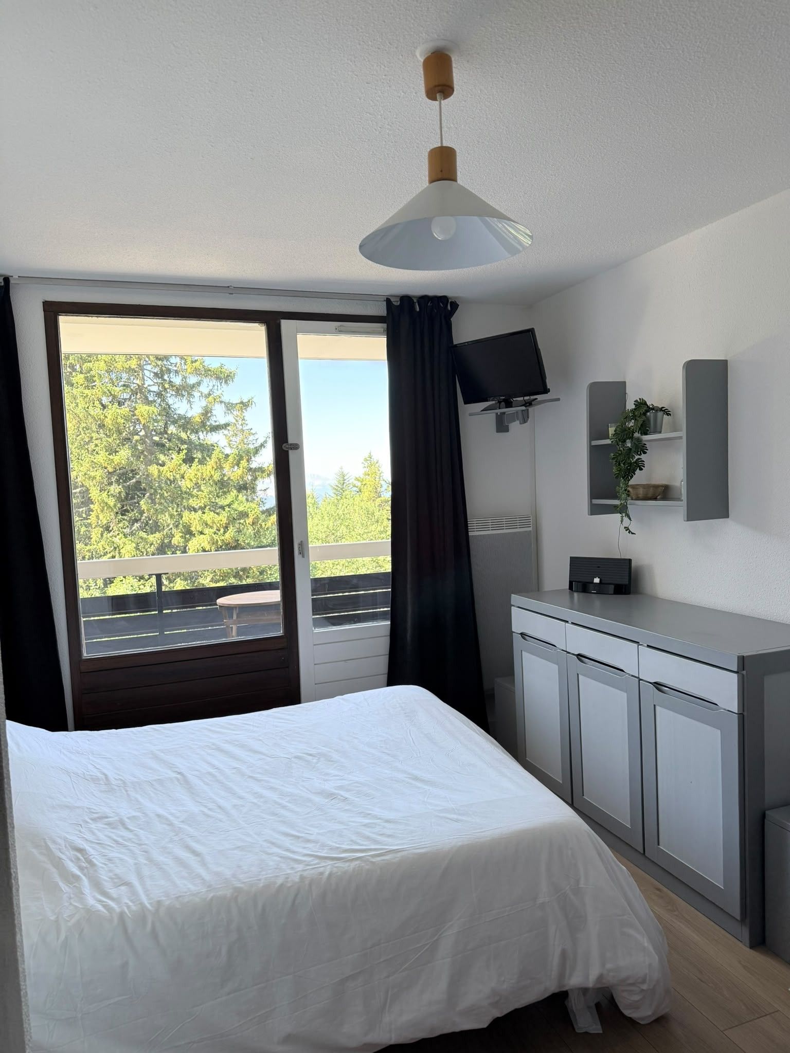 Habitación de hotel con una cama, un escritorio con computadora, televisión y vistas a árboles a través de la ventana.