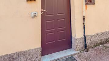 A brown door with a mail slot and a number plate indicating the address.