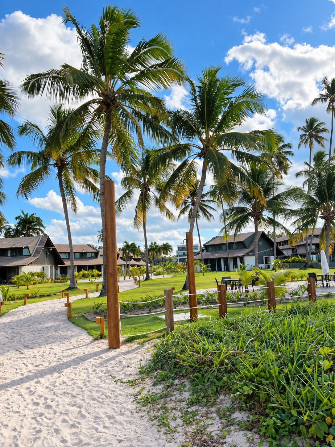 A resort with a pathway leading to a building, surrounded by palm trees and greenery.