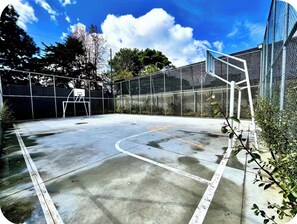 Un terrain de basket en plein air, doté d’un panier, entouré d’une clôture, avec des arbres en arrière-plan.