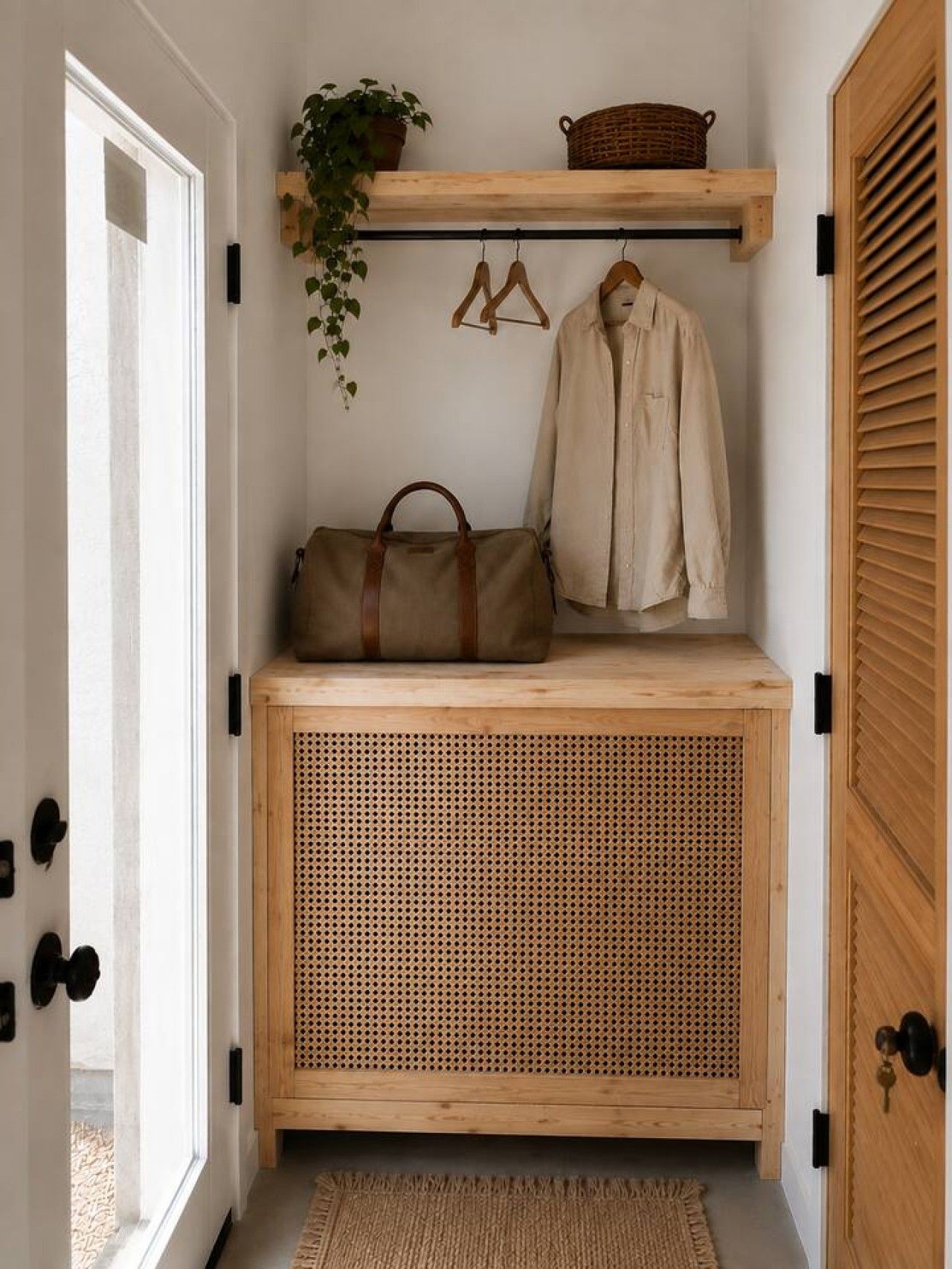 Een houten bank met een gevlochten mand en een hangplant.