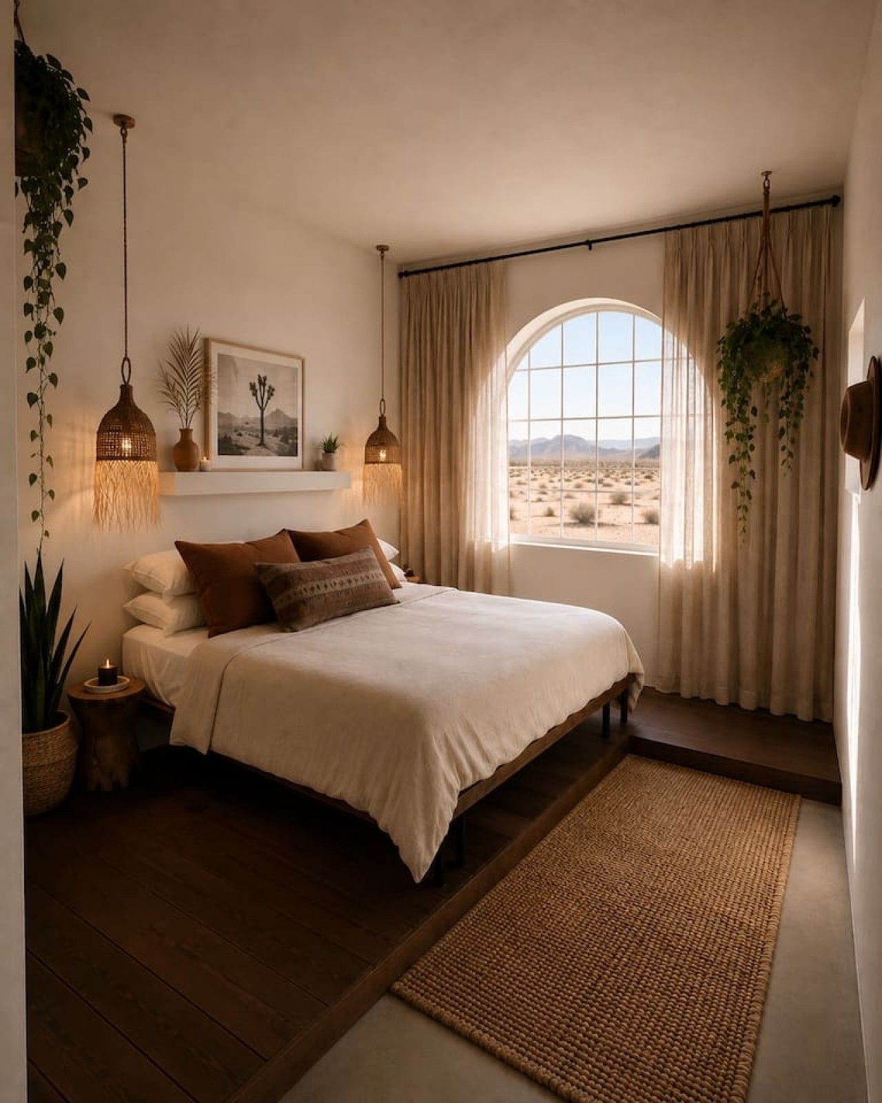 A bedroom with a large bed, a view of the desert through a window, and hanging plants.