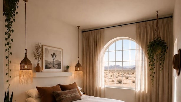 A bedroom with a large bed, a view of the desert through a window, and hanging plants. - La Villa Uno • The Otherside • BBNP + Terlingua (Terlingua)