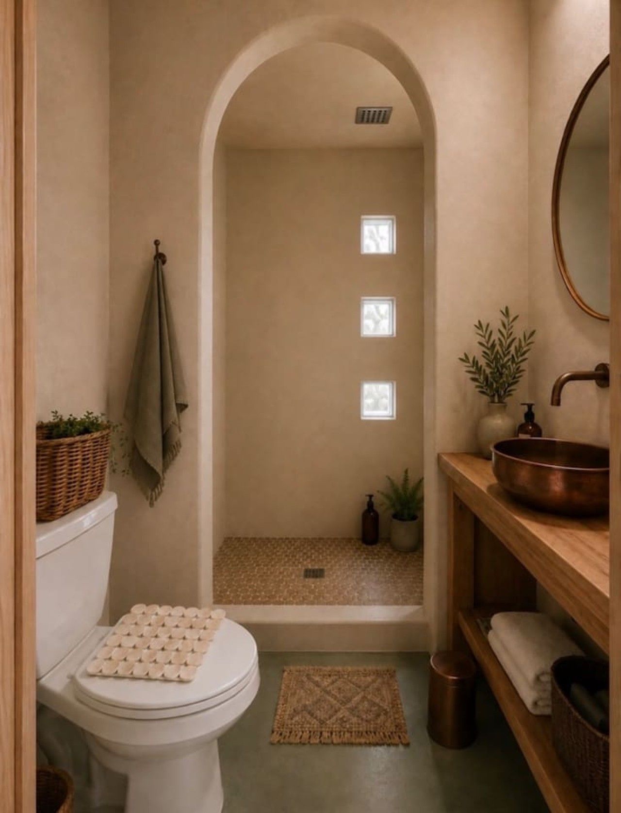 A bathroom with a white toilet, a wooden vanity with a copper basin, a small plant, and a mirror.