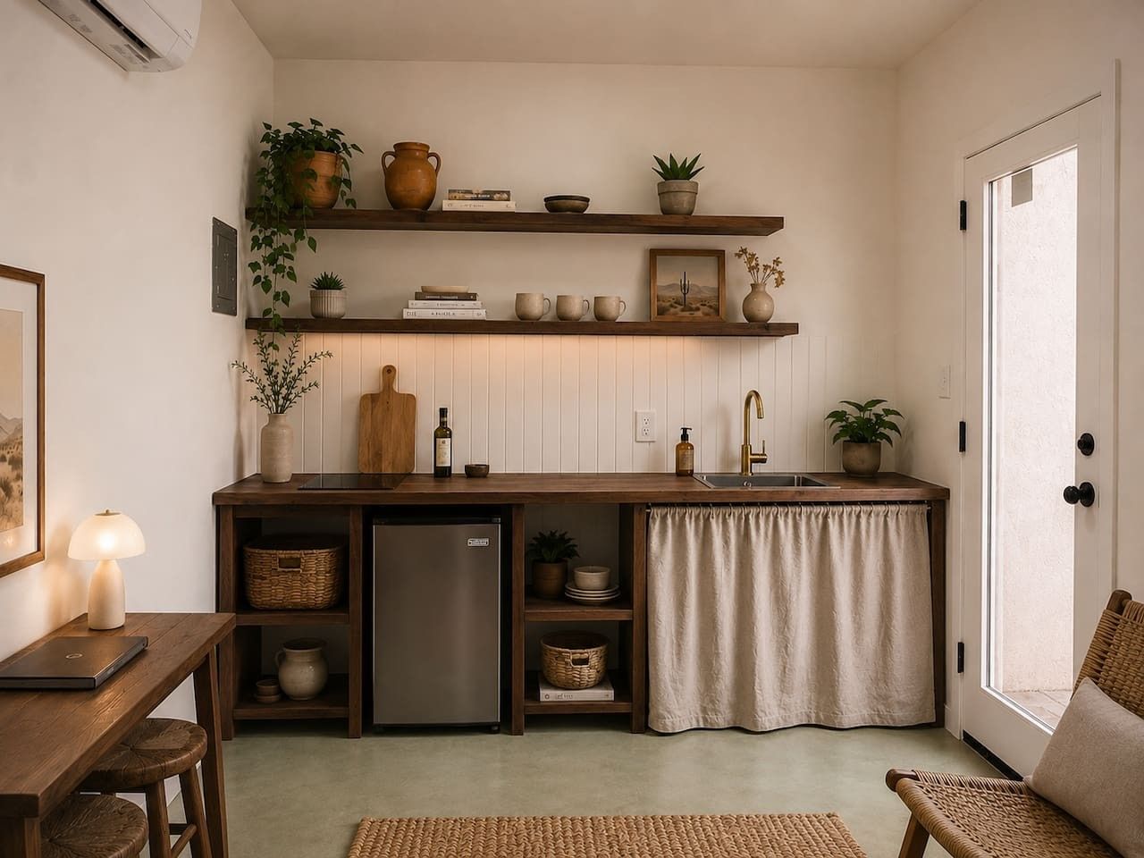 Een compacte keuken met een ingebouwde koelkast, houten planken met planten en boeken, een klein spoelgedeelte, en een eethoek met een stoel en tafel.