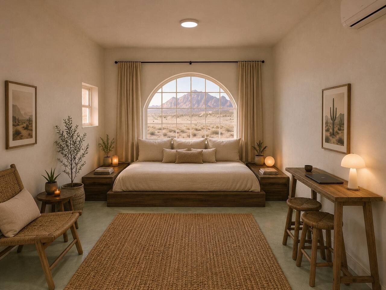 A bedroom with a large bed, a desk, two chairs, a window with a desert view, and a small table with a lamp.