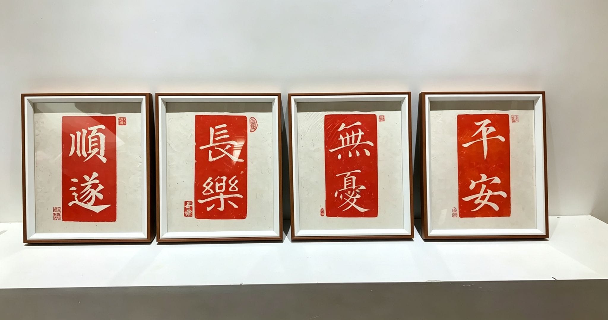 Cuatro piezas de caligrafía enmarcadas sobre una estantería blanca.