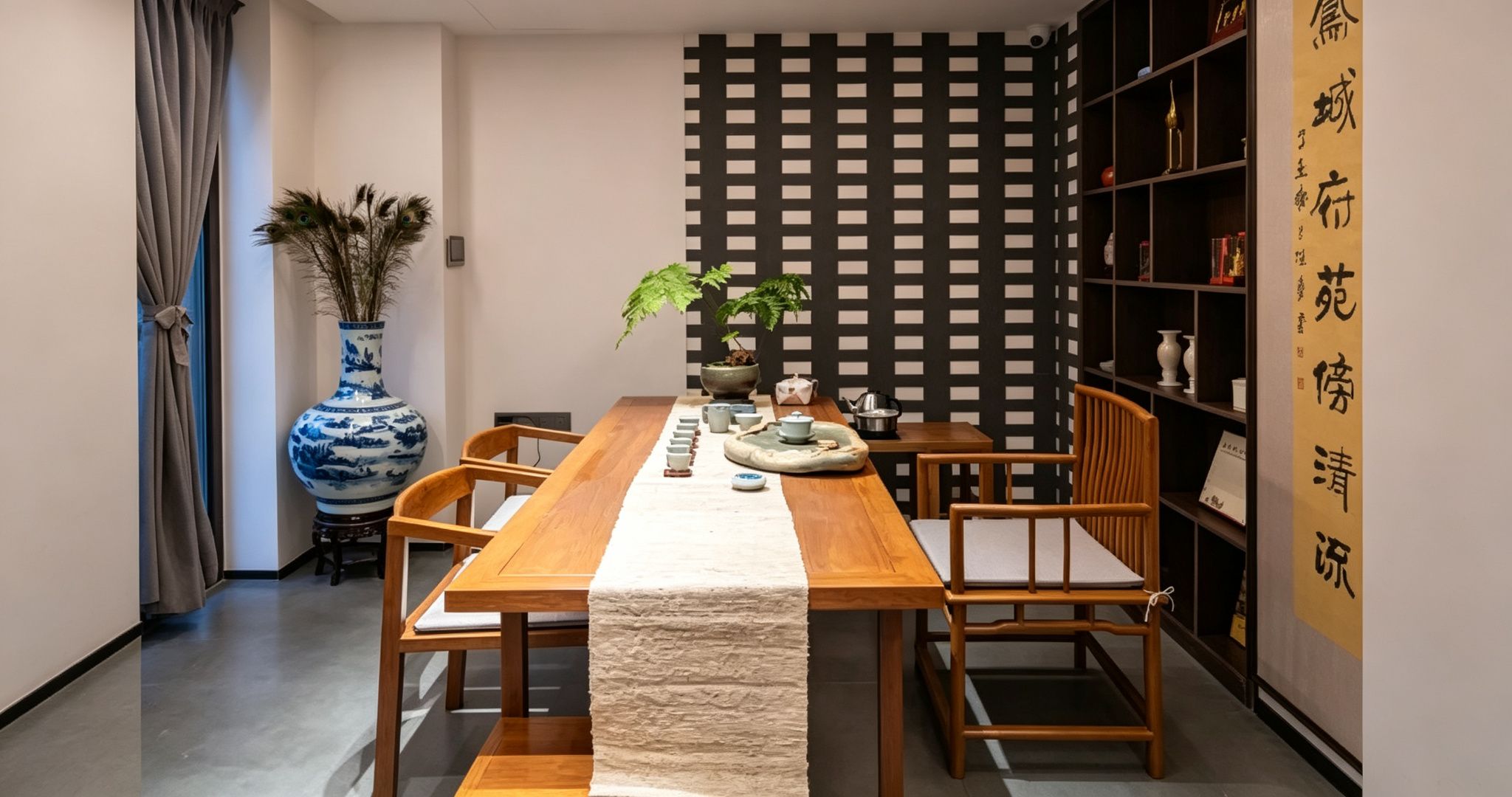 A dining area with a wooden table, chairs, a vase, and a decorative wall panel.