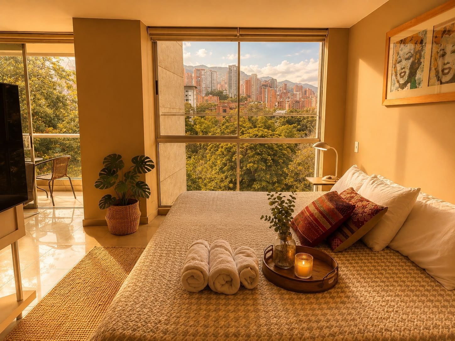 Ein Schlafzimmer mit großem Fenster, einem Bett mit zusammengerollten Handtüchern, einem Tablett mit Kerze und einem Gemälde an der Wand.