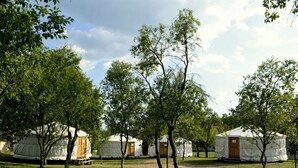 Yurts in a grassy area with trees. - Őrálló Szer Jurtaszállás (Őriszentpéter)