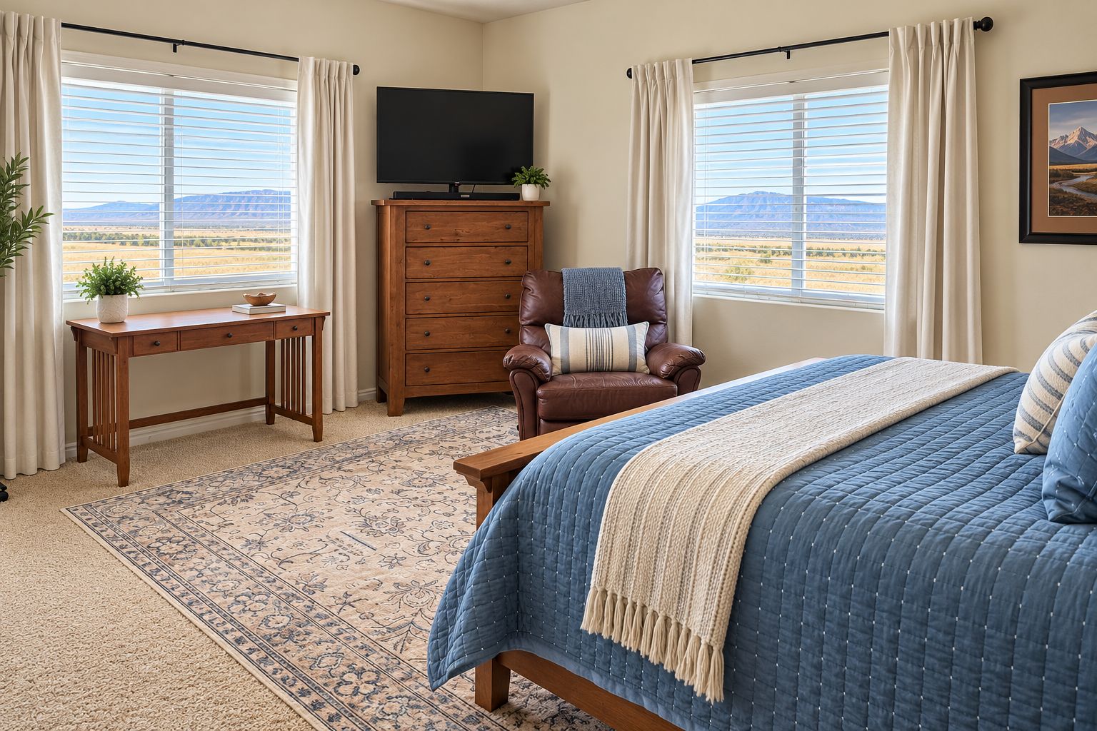 A bedroom with a bed, a desk, a chair, a dresser, and a television.
