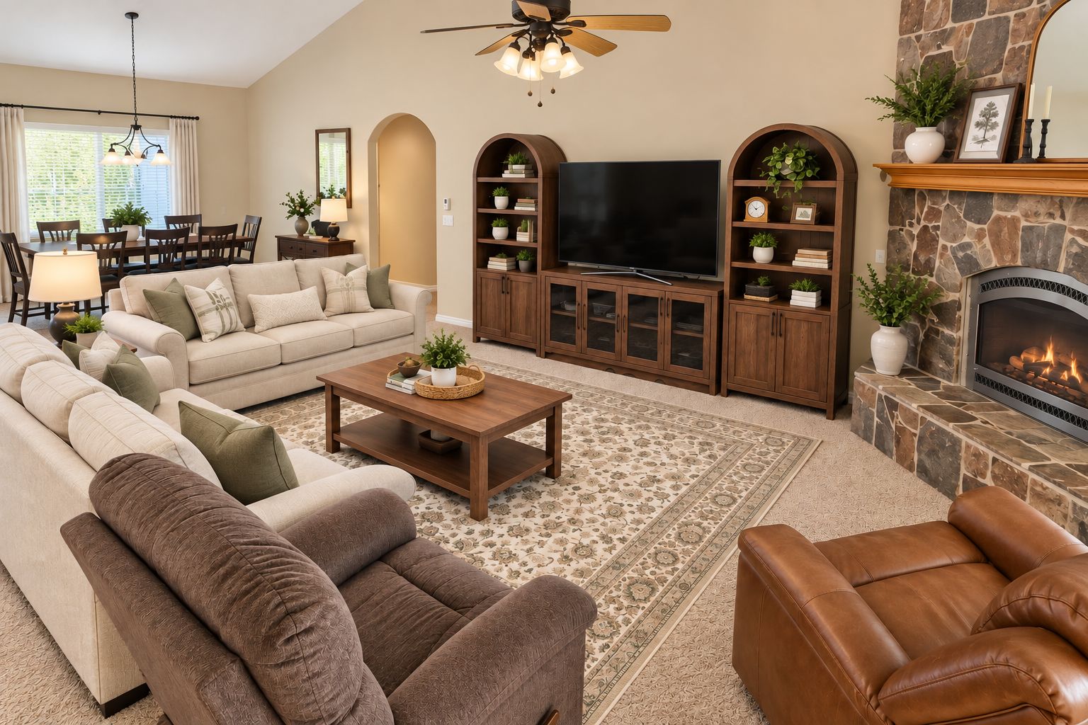 A living room with a fireplace, a television, and a dining area with a table and chairs.