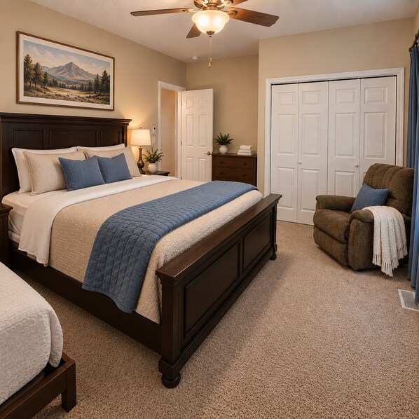 A bedroom with a bed, a chair, a dresser, a door, and a ceiling fan.