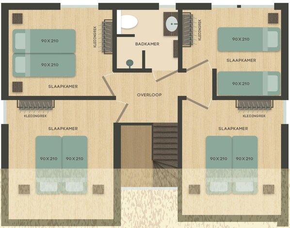 A hotel floor plan with four ensuite bathrooms, two ensuite bedrooms, and an overloop connecting the rooms. - Group Stay Near Schoorl Dunes (Schoorl)