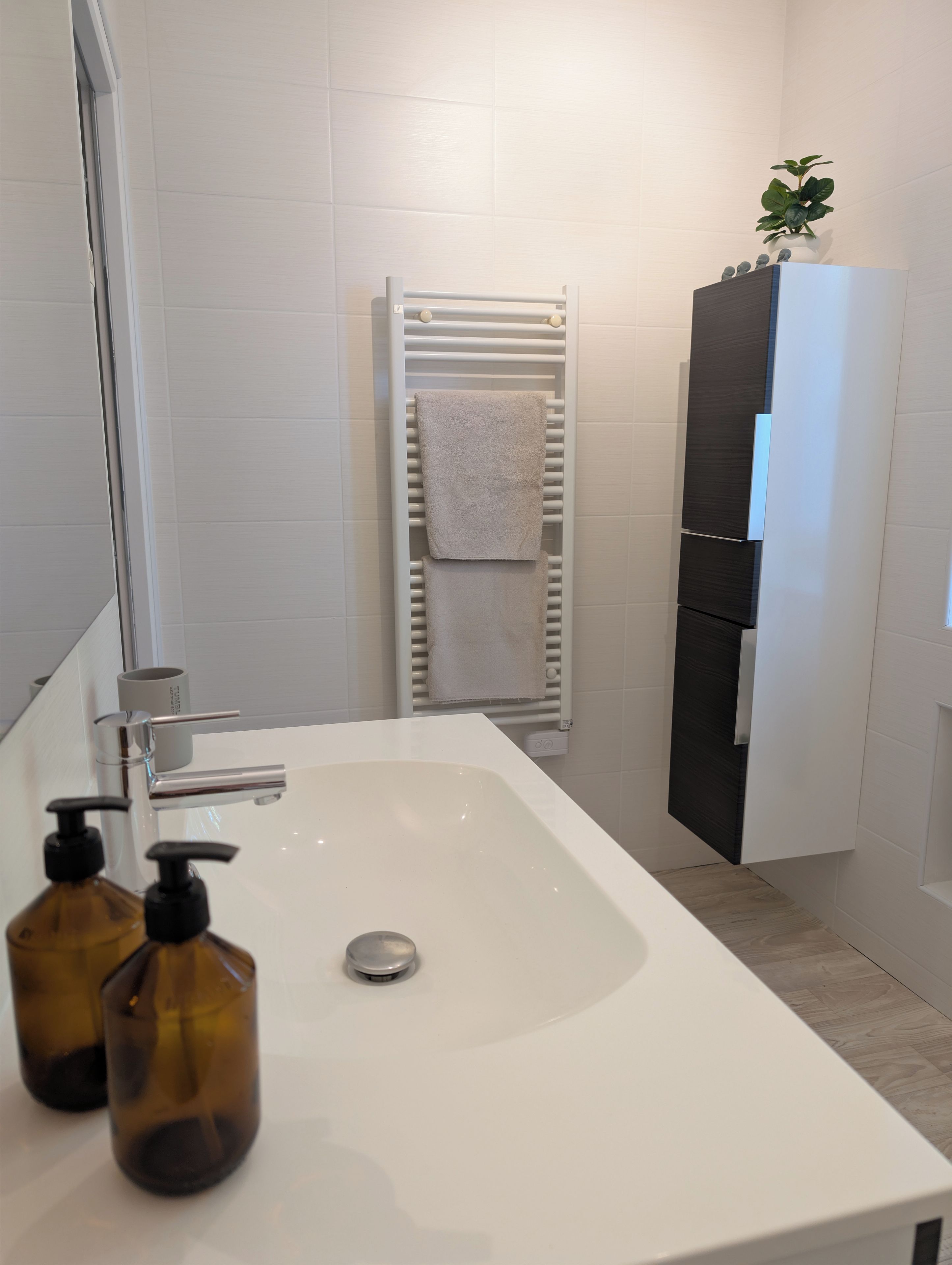 Un baño moderno con un lavamanos blanco, dos dispensadores de jabón, un perchero con una toalla y una planta sobre un mueble.