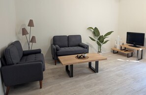 Un saló modern amb un sofà, una taula de centre, un televisor i una planta.