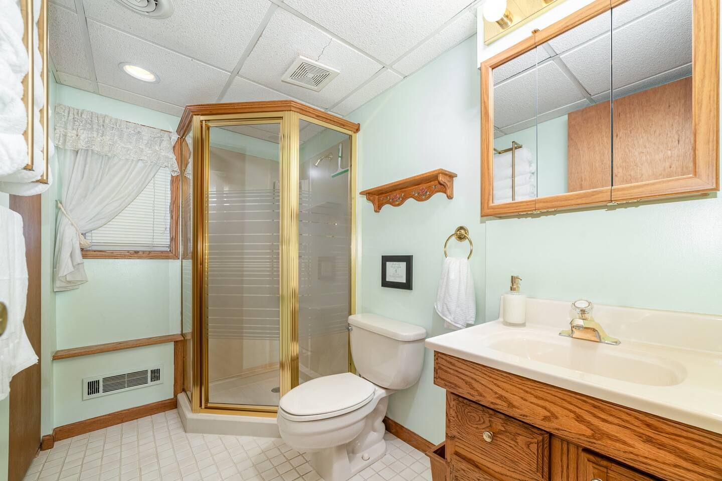 A bathroom with a glass-enclosed shower, a toilet, a vanity with a mirror, and a towel rack.