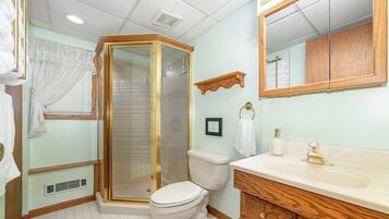 A bathroom with a glass-enclosed shower, a toilet, a vanity with a mirror, and a towel rack.