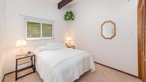 A bedroom with a bed, two bedside tables, a window with blinds, a hanging plant, and a framed picture on the wall. - Lodge No Complaints - Harrison (Harrison)