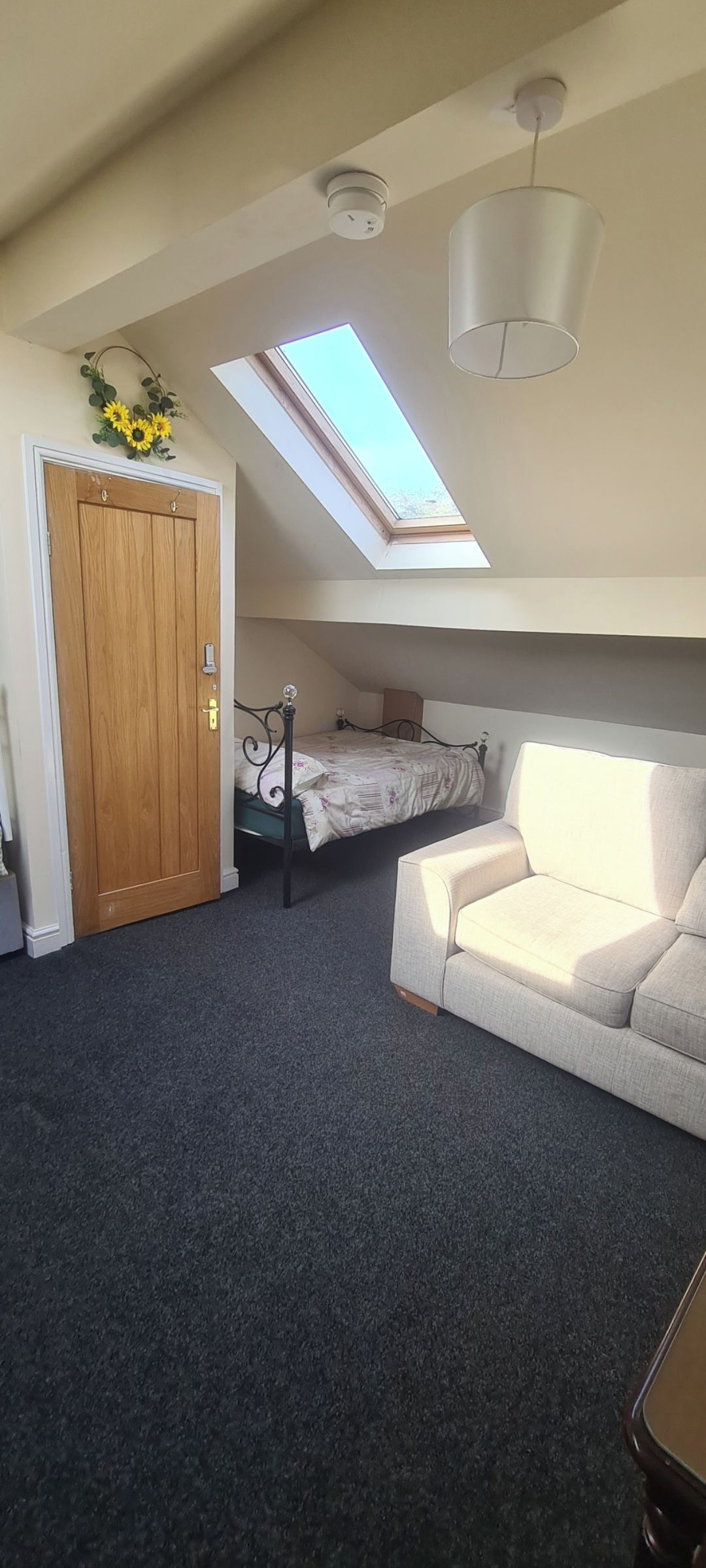 A room with a skylight, a bed, a sofa, and a wardrobe.