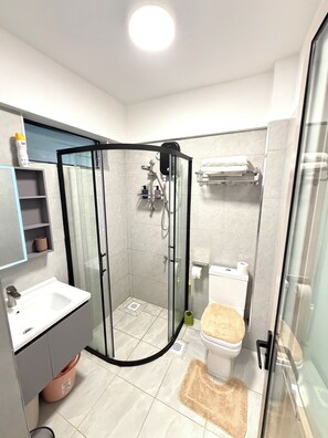 Een moderne badkamer met een douchecabine van glas, een witte wastafel en een toilet.