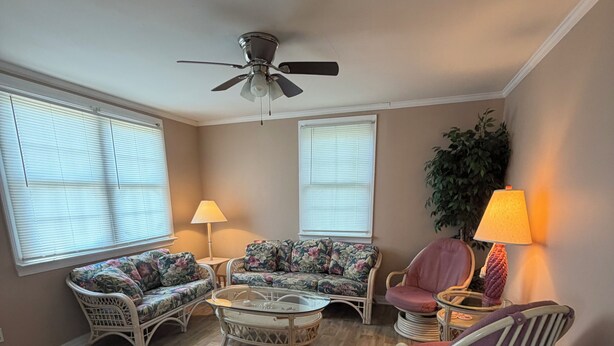 A living room with a ceiling fan, two sofas, a coffee table, and two lamps.