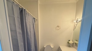 A bathroom with a toilet, sink, and shower curtain.