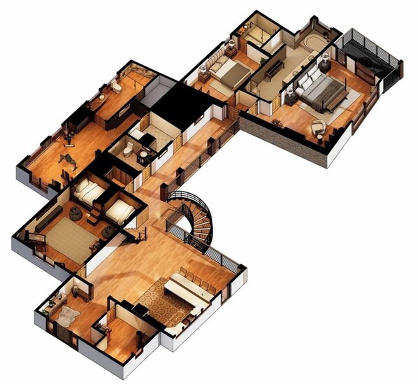 Een 3D plattegrond van een hotel met meerdere slaapkamers, een badkamer, een keuken en een trap.