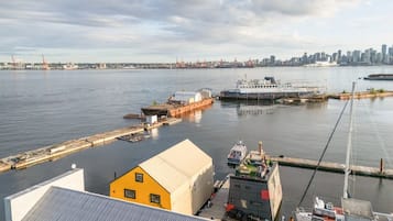 A waterfront view with a large white boat docked at a pier, a yellow building, and a city skyline in the distance.