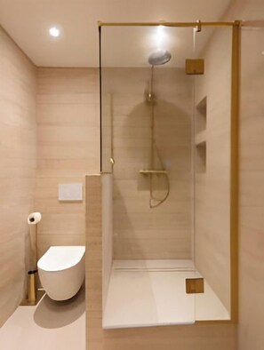 A modern bathroom with a glass-enclosed shower, a white toilet, and a wooden floor. - TheBlueStay 356 - Stunning Apartment A/C Paris 11 (Paris)