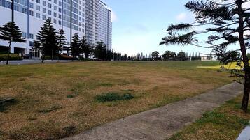 A grassy area with a concrete path, a tall building in the background, and several trees.
