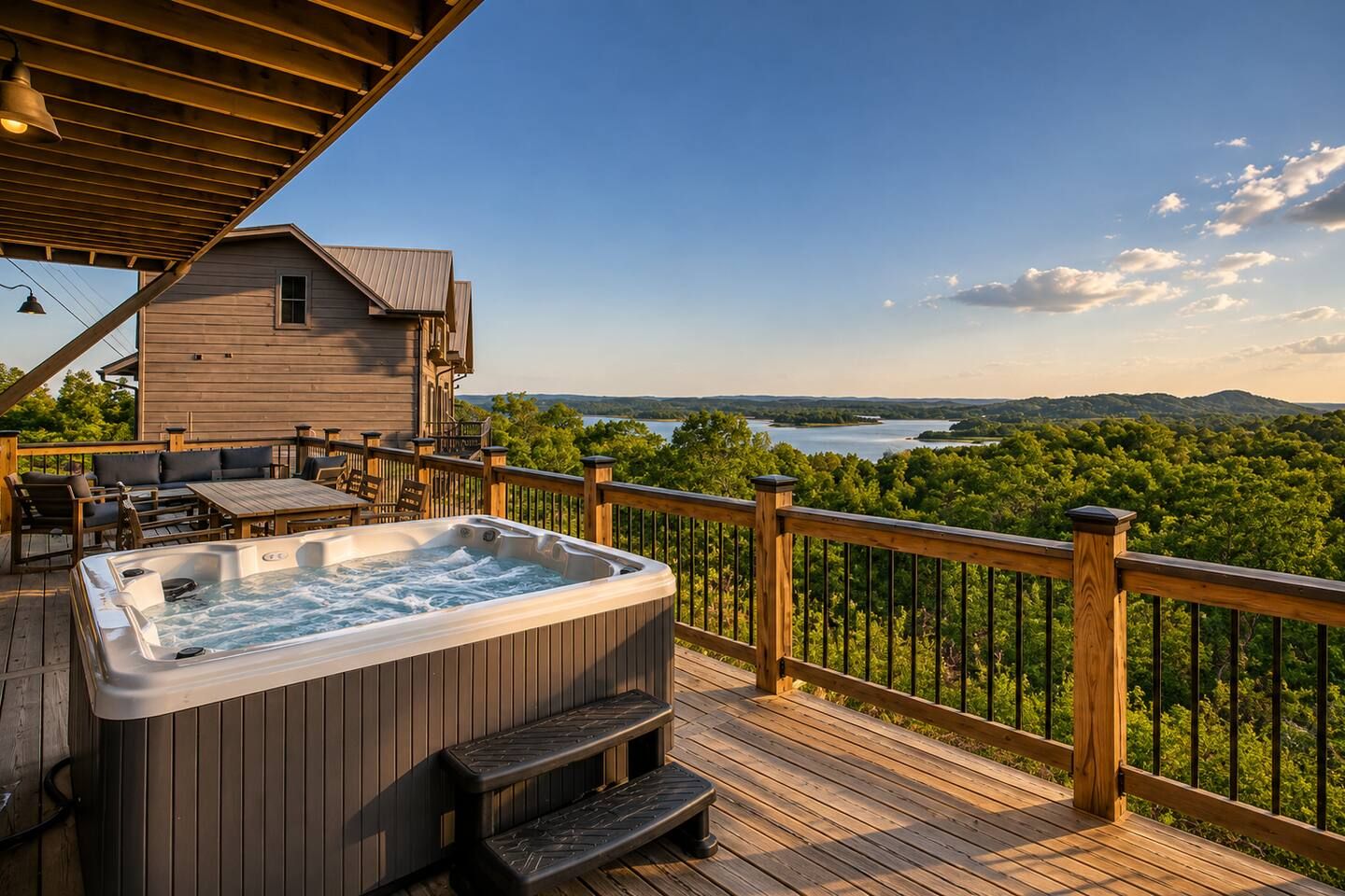 A wooden deck with a hot tub, outdoor furniture, and a view of a lake and forest.