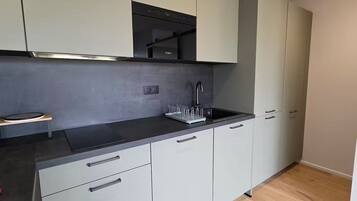A modern kitchen with grey cabinets, a black countertop, and a built-in oven.