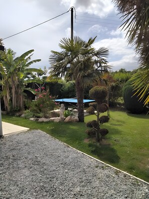 A garden with a palm tree, a statue, and a blue structure.