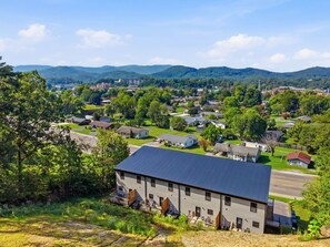 Ett bostadsområde med hus, en stor byggnad med ett blått tak och en väg.