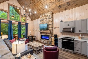 Una sala de estar acogedora con chimenea, televisor montado en una pared de piedra y una cocina con electrodomésticos modernos.